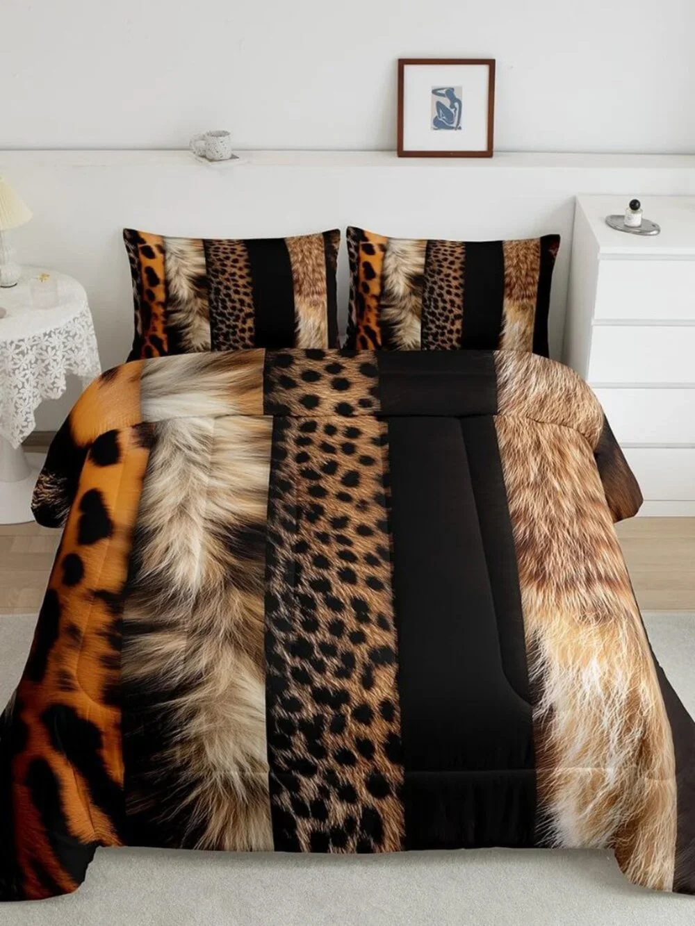 Leopard Print Comforter Set Wild Animal Fur Bedding Set Queen Size for Kids Boys